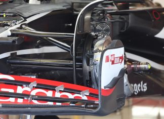 Haas VF-24 front-left corner in the garage on Thursday at the 2024 Formula 1 Italian Grand Prix